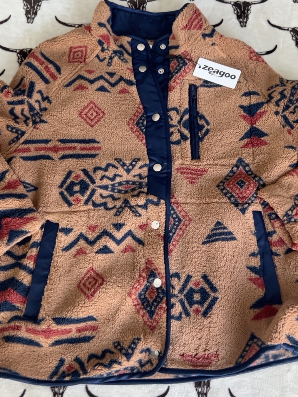 NWT Zeagoo Southwestern Aztec Sherpa Fleece Jacket Tan Navy Rust M